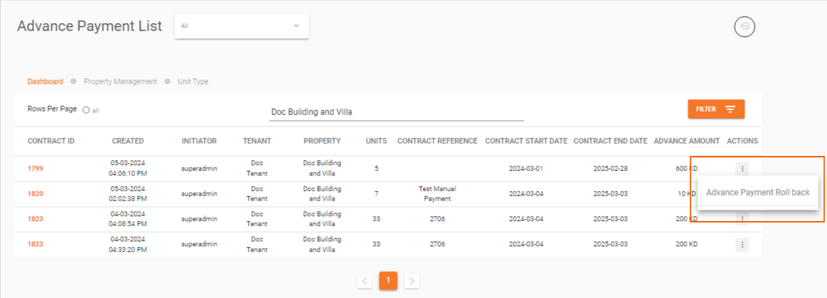 Advance payment rollback