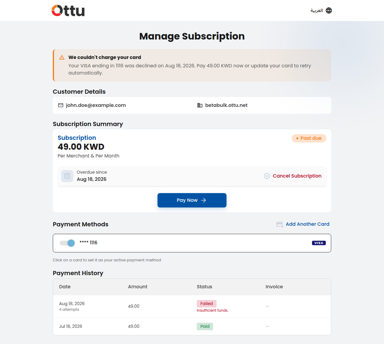 The past-due self-service page: "We couldn't charge your card," the overdue-since date, the failed card flagged, and a Failed row in the payment history