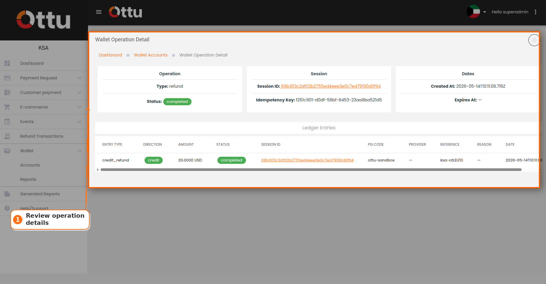 Operations screen with filters and operation rows