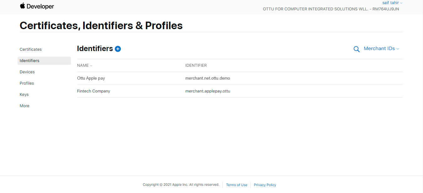 Identifiers section — select Merchant ID
