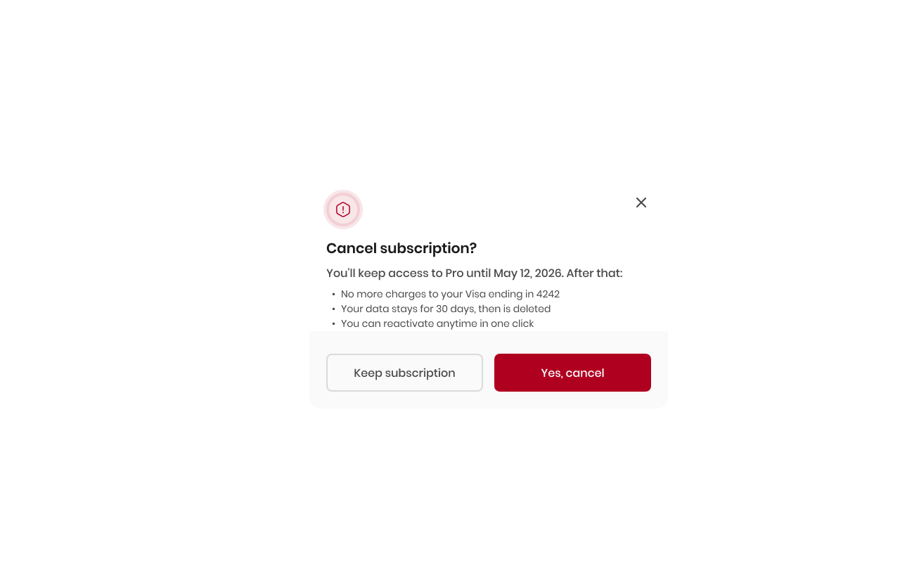 Cancellation confirmation dialog stating access continues until the end of the paid period