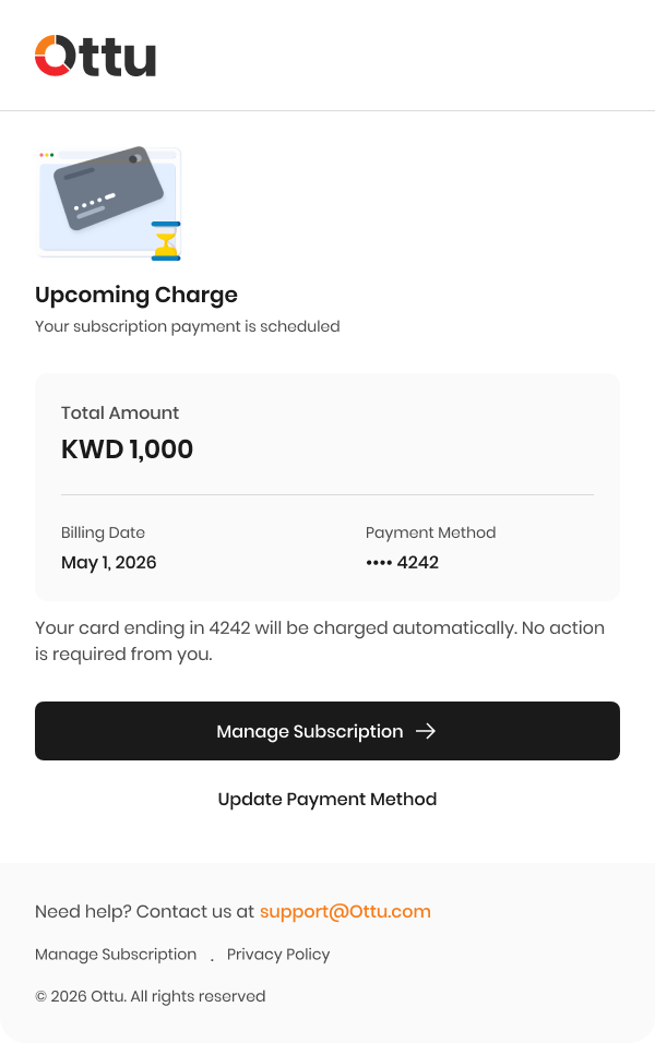Upcoming charge reminder email in English