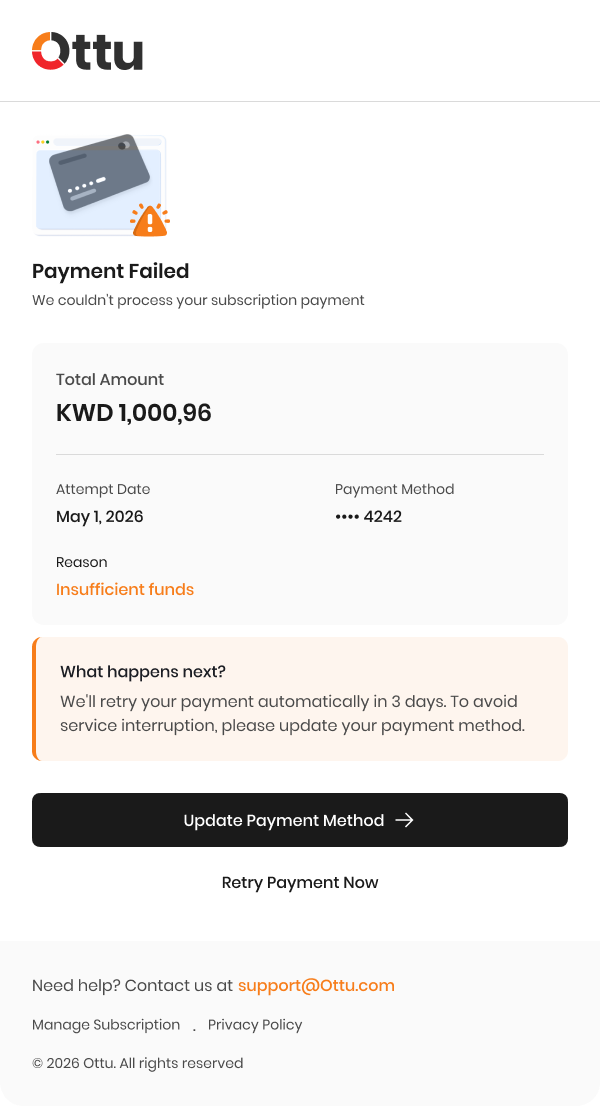 Payment failed email in English