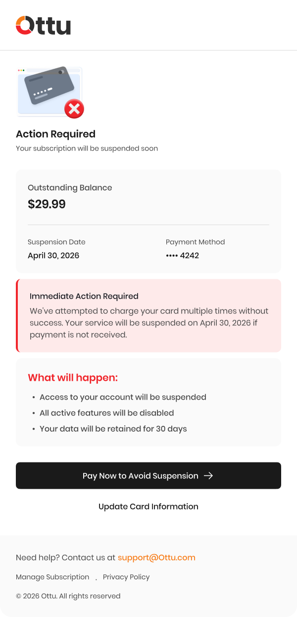 Final failure email in English with outstanding balance and next steps