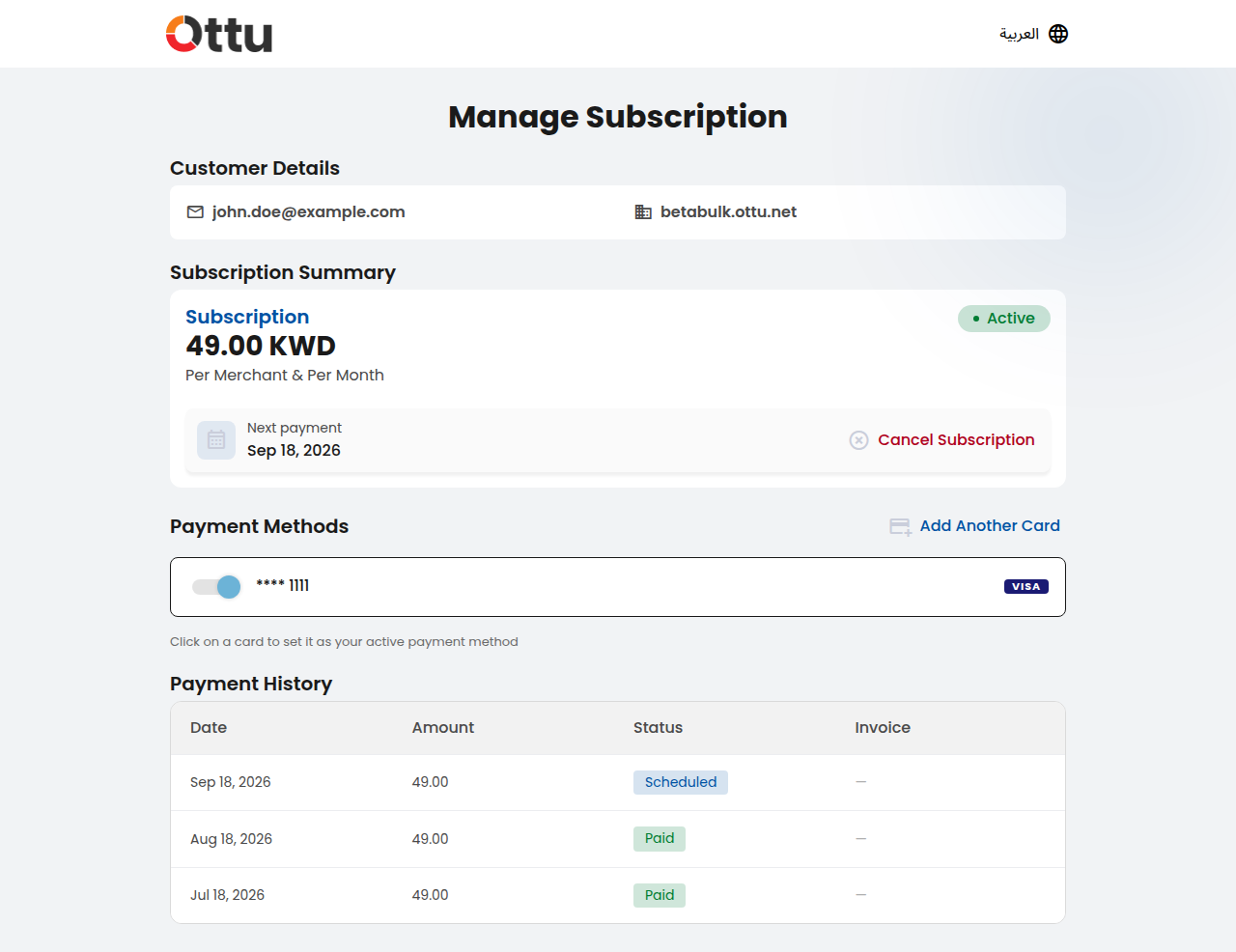 Active subscription: customer details, subscription summary, payment methods, and payment history all on one page