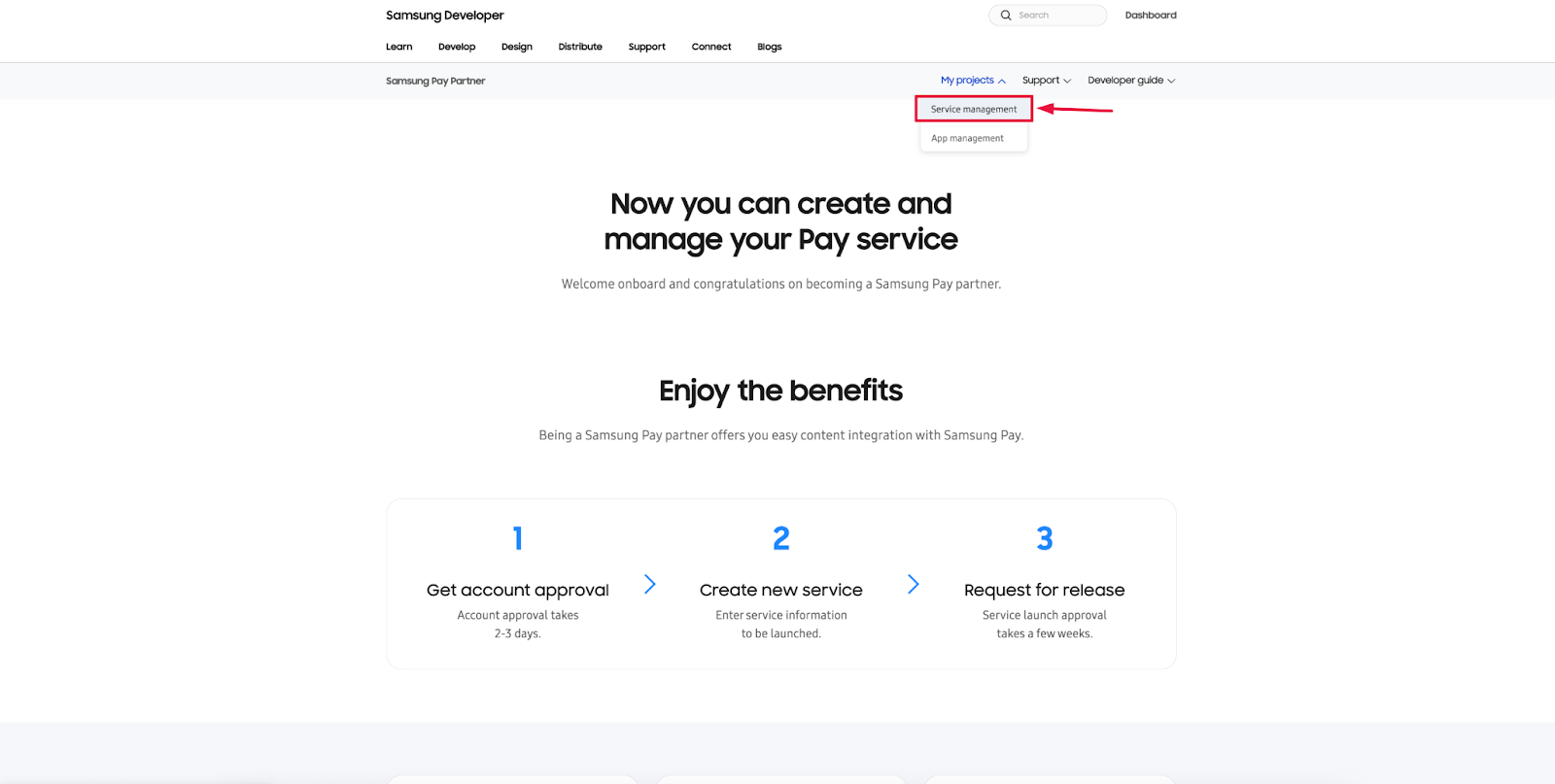 Service Management section in the Samsung Wallet Developer Portal