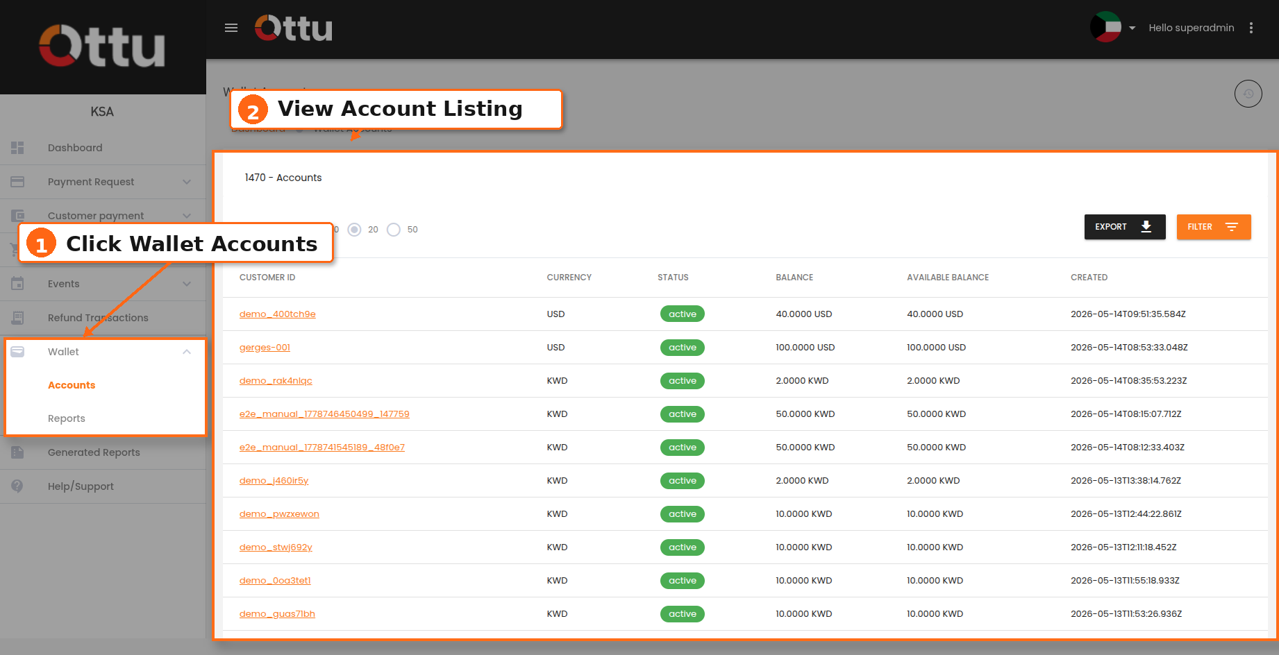 Wallet Accounts screen in the dashboard