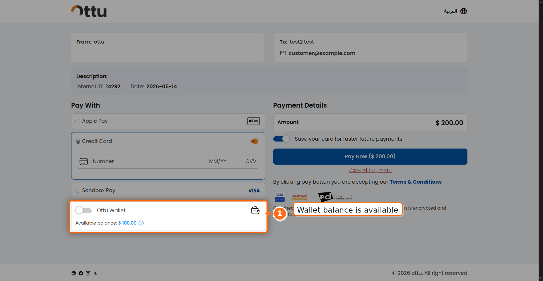 Checkout showing Wallet as a payment method